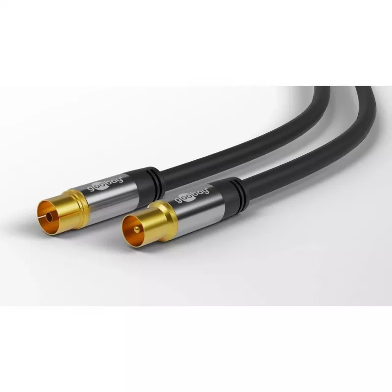 Goobay TV antenos kabelis (135 dB tipo), 4x ekranuotas, 2 m, juodas - auksuotas, Koax lizdas > bendraašis kištukas (70367)