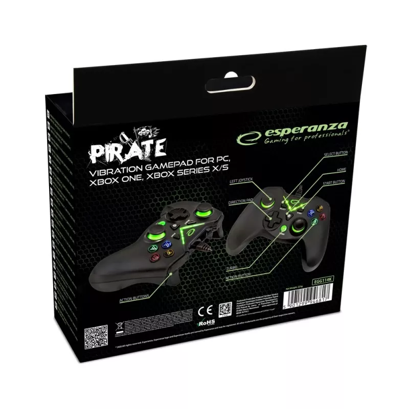 Žaidimų pultas Esperanza EGG114K laidinis USB 2.0 juodas — 12 mygtukų, 2 vairalazdės, vibracija, PC ir Xbox Series X/S/One