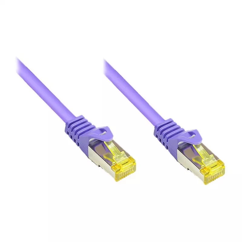 RJ45 komutacinis kabelis su Cat.7 neapdorotu kabeliu ir skląsčio apsauga (RNS®), S/FTP, PiMF, be halogenų, 600 MHz, OFC, violetinis, 0,5 m, Good Connections® (8070R-005V)