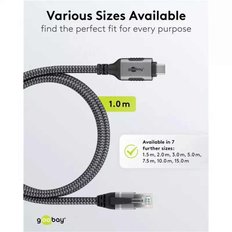 Wentronic goobay - Tinklo kabelis - 24 kontaktų USB-C (M) į RJ-45 (M) - 1,0 m - 6 mm - FTP - CAT 6 - USB 3.1 - pintas kabelis - Juoda, Sidabrinė (70696)