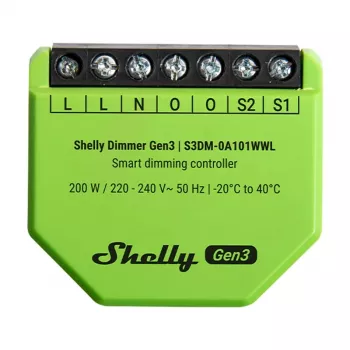 Įmontuojamas reguliatorius Shelly Dimmer Gen3 — LED maks. 150W, halogenas maks. 200W, 220–240V, belaidis, juoda / žalsvai geltona