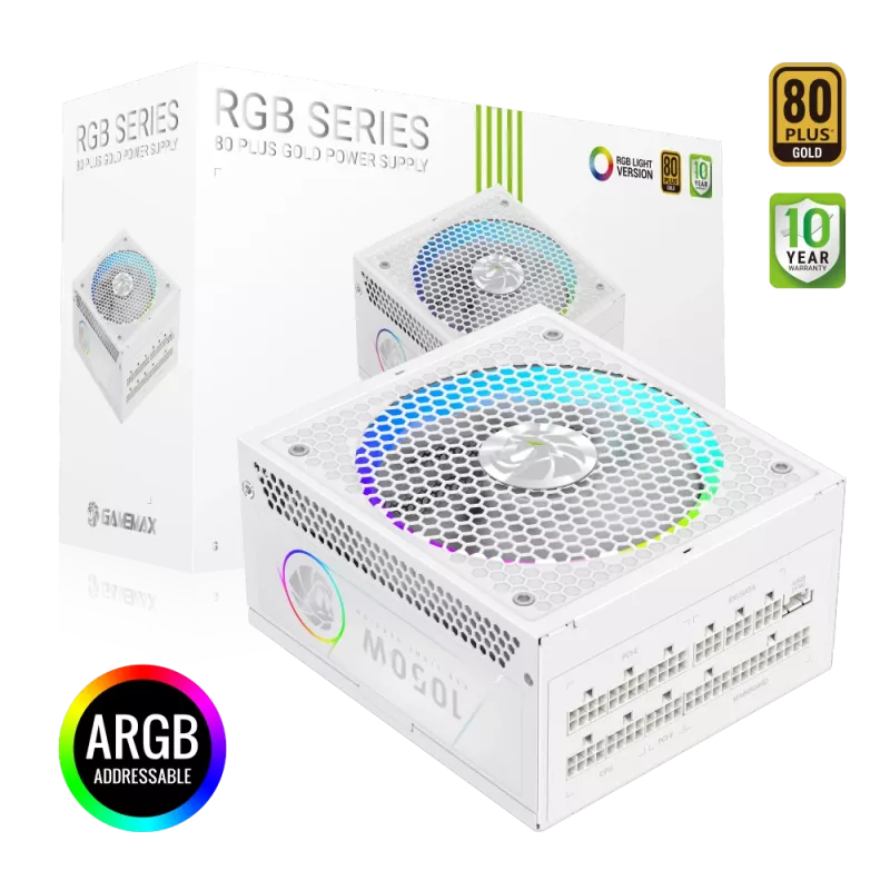 Gamemax maitinimo blokas, 80 PLUS, Gold | RGB 1050G WH | 1050 W