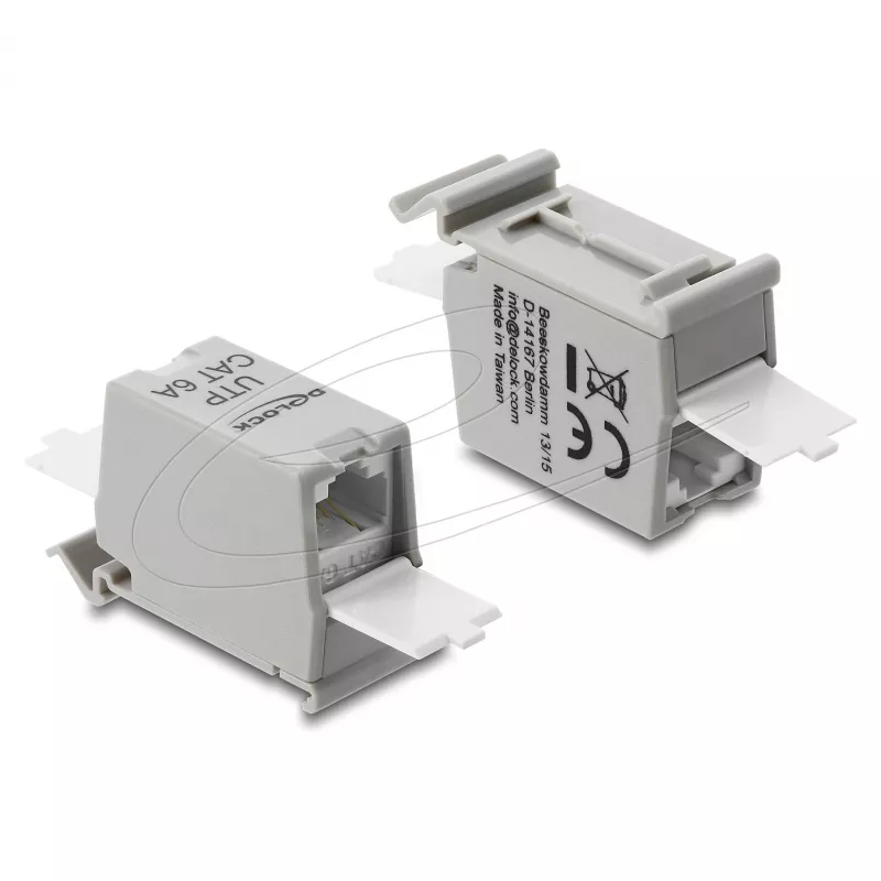 Tinklo RJ45 mova DELOCK Cat.6A dviguba lizdas-lizdas, skirta montuoti ant DIN bėgelio, pilka