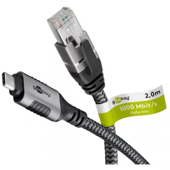 Ethernet laidas USB-C 3.2 Gen2 kištukas > RJ-45 kištukas, LAN adapteris juoda/sidabrinė, 2 metrai, pintas tekstilinis apvalkalas