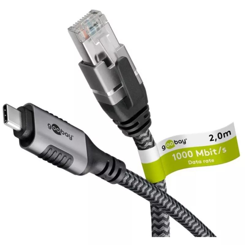 Ethernet laidas USB-C 3.2 Gen2 kištukas > RJ-45 kištukas, LAN adapteris juoda/sidabrinė, 2 metrai, pintas tekstilinis apvalkalas