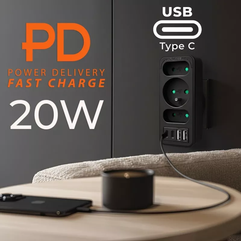 Maitinimo skirstytuvas MACLEAN MCE248 F/B — 3 kintamosios srovės lizdai (1x16A, 2x6A) ir 4 USB prievadai (2xUSB‑A, 2xUSB‑C PD 20W), ES kištukas, juodas