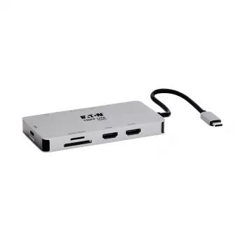 Eaton Tripp Lite USB-C dokas, dviejų ekranų - 4K 60 Hz HDMI, USB 3.2 Gen 1, USB-A šakotuvas, GbE, atminties kortelių lizdas, 100 W PD įkrovimas, pilkas - prijungimo stotelė - USB-C - 2 x HDMI - 1GbE (U442-DOCK