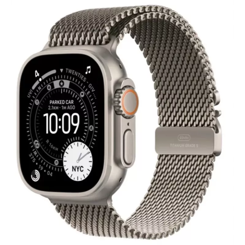 Išmanusis laikrodis Apple Watch Ultra 3 GPS + Cellular 49mm natūralaus titano korpusas su natūralaus titano Milano kilpa — 64 GB, OLED, 422 × 514, atsparus vandeniui 100 m, didelis