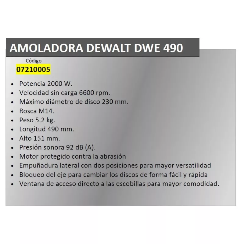 Kampinis šlifuoklis DeWALT DWR490 — 2200 W, 230 mm diskas, 6600 aps./min., 5,2 kg