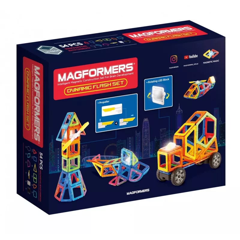 Magnetinis konstravimo rinkinys MAGFORMERS Dynamic Flash 54 vnt. — magnetinės statybinės plytelės su kvadratais ir trikampiais
