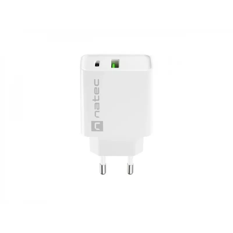 Vidinis AC greito įkrovimo įkroviklis NATEC RIBERA 12V 20W USB-C PD 3.0 + USB-A Samsung AFC baltas