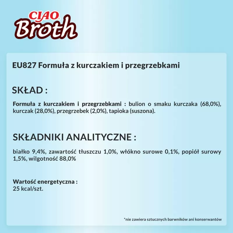 Šlapias kačių skanėstas INABA Ciao sultinys su vištiena ir šukutėmis 40 g pakelis, skystas mėsingas pakelis, 88% drėgmės, 9,4% baltymų