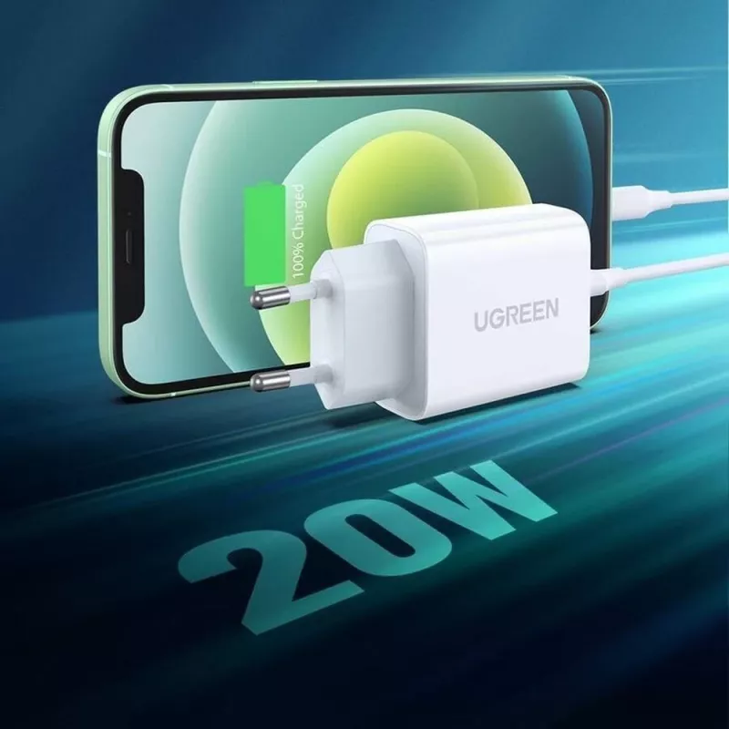 “Ugreen” USB maitinimo tiekimas 3.0, greitas įkrovimas 4.0+, 20 W, 3 A tinklo įkroviklis (baltas)