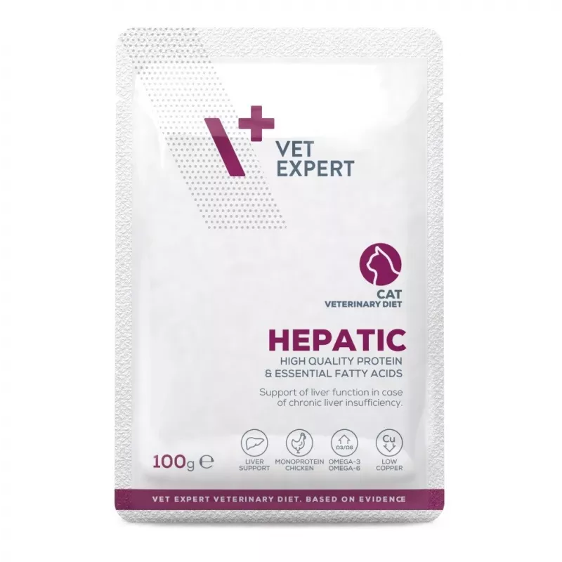 Šlapias kačių maistas VETEXPERT Hepatic Chicken 100 g — veterinarinė dieta kepenų funkcijai palaikyti, suaugusioms katėms, drėgmė 79%, baltymai 8%