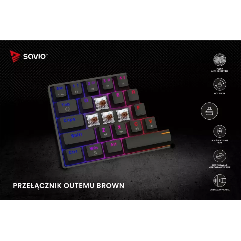 Mechaninė žaidimų klaviatūra SAVIO JuodaOUT X2 BROWN, 61 klavišų, 60 %, USB, QWERTY, RGB, Outemu Brown