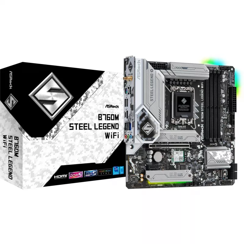 Pagrindinė plokštė ASRock B760M Steel Legend WiFi — Intel B760, LGA 1700, mikro ATX, DDR5, 4 DIMM, 128 GB, Wi‑Fi 6E, 2,5 Gb LAN