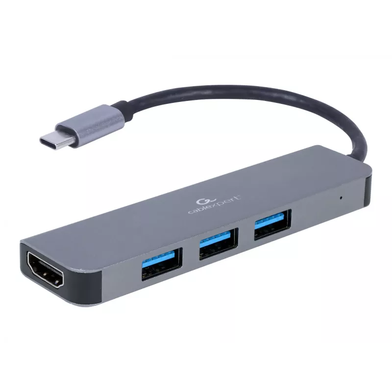 USB-C nešiojamojo kompiuterio dokas GEMBIRD A-CM-COMBO2-01 — USB 3.2 Gen 1 Type-C, 3× USB-A, 1× HDMI, pilkas