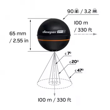 Nešiojamasis žuvų ieškiklis Deeper Smart Sonar PRO+ 2, sonaras 675 kHz, 100 m veikimo nuotolis, 65×65×65 mm, Li‑Ion 950 mAh