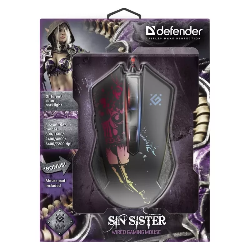 Žaidimų optinė laidinė pelė DEFENDER GM-933 SIN'SISTER 7200dpi 6P RGB