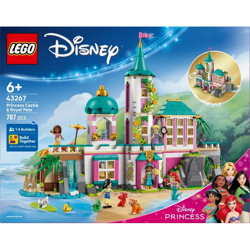 LEGO Disney Princess pilies ir karališkųjų augintinių konstravimo rinkinys 43267 — 787 dalys, 5 minifigūrėlės, amžius 6+, 320×460×100 mm