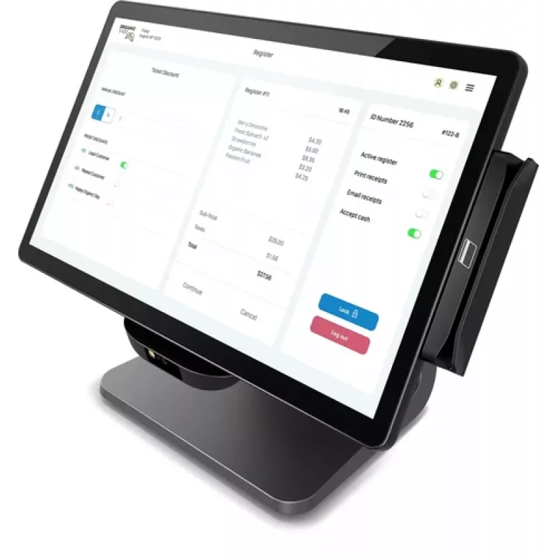 Elo E-Series 3, 8 GB RAM, 128 GB SSD, WiFi, 39,6 cm (15,6''), Full HD, USB, USB-C, RS232, BT, Ethernet, Intel Celeron, SSD, rinkinys (RS232), juoda POS sistema, Ekrano įstrižainė: 39,6