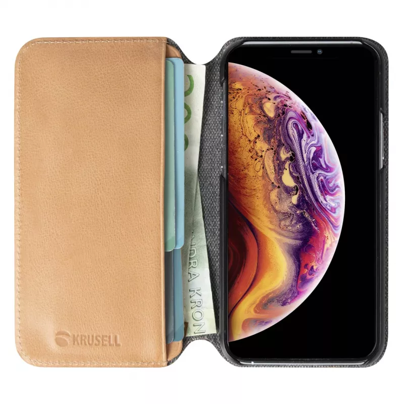 Telefono dėklas-piniginė Krusell Sunne, skirtas Apple iPhone 11 Pro Max – vintage nude, dėklas-lankstinukas su kortelių lizdais