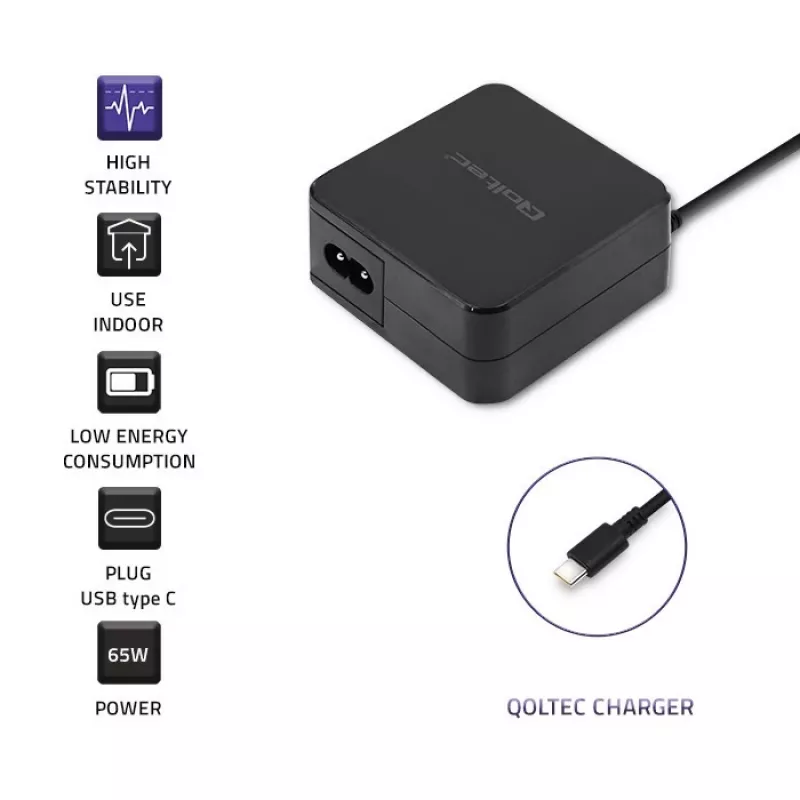 Qoltec 51027 įkroviklis | 65W | 5-20.3V | 2-3.25A | USB C tipo | PD