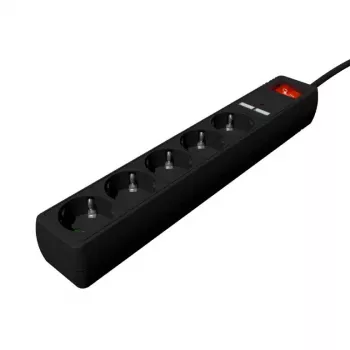 “Gembird SPG5-U2-5-02” kištukinis lizdas su USB įkrovikliu, 5 lizdai, 1,5 m, 2x USB, juodas