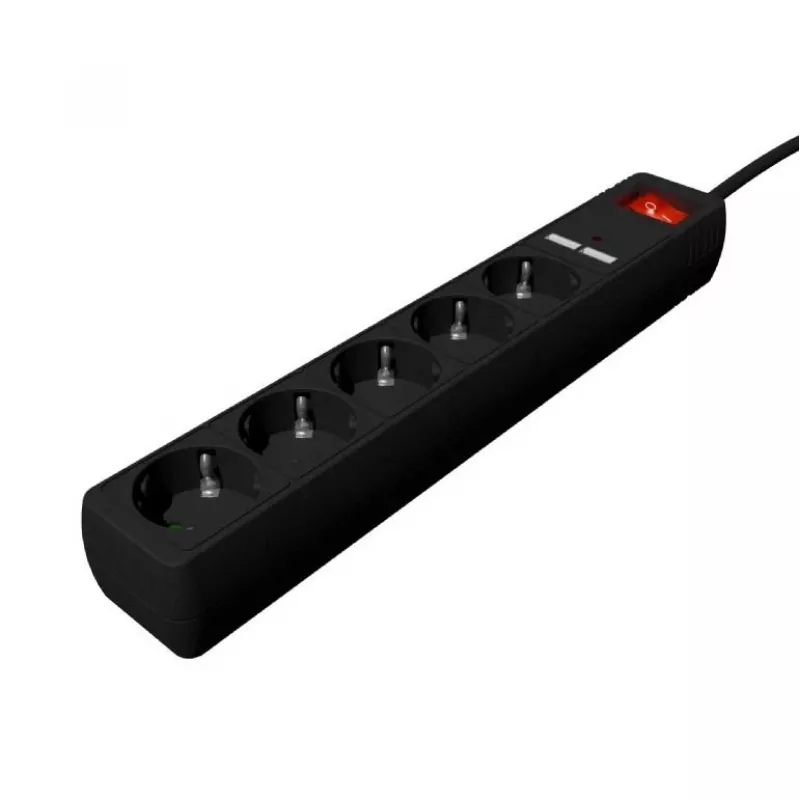 “Gembird SPG5-U2-5-02” kištukinis lizdas su USB įkrovikliu, 5 lizdai, 1,5 m, 2x USB, juodas