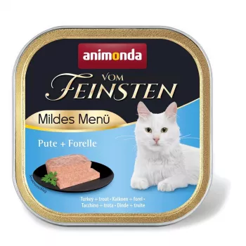 Šlapias kačių ėdalas Animonda Vom Feinsten Turkiena ir Upėtakis Mild Menu 100 g — be grūdų, 81 % drėgmės, 11,2 % baltymų