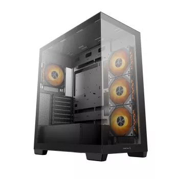 PC korpusas DeepCool CG580 4F Midi Tower — ATX/ITX/MicroATX, grūdintas stiklas, 3×120 mm + 1×120 mm ventiliatoriai, 2×3,5 col. ir 2×2,5 col., USB-A×2 USB-C×1, juodas