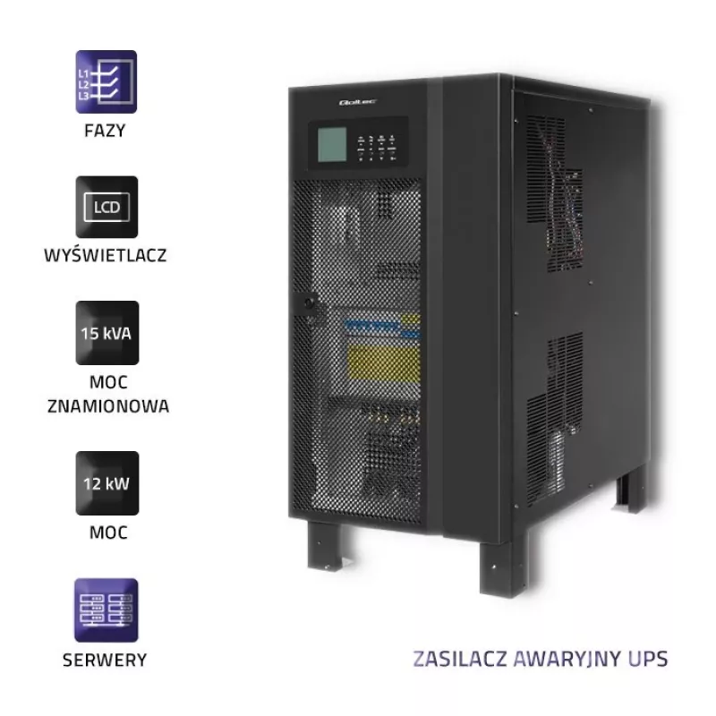 Nepertraukiamo maitinimo šaltinis QOLTEC 53949 3 fazių 15 kVA 12 kW su LCD