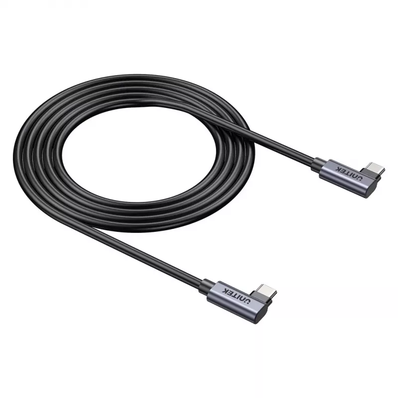 USB-C laidas Unitek C14147ABK01-1M, 1 m, 90° kampuoti jungtys, USB PD 3.0 100W, duomenys 480 Mbps, juoda