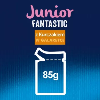 Šlapias kačių maistas Purina Nestlé Felix Fantastic Junior 85 g pakelyje — vištiena, 77,5 % drėgmės, 13,5 % baltymų