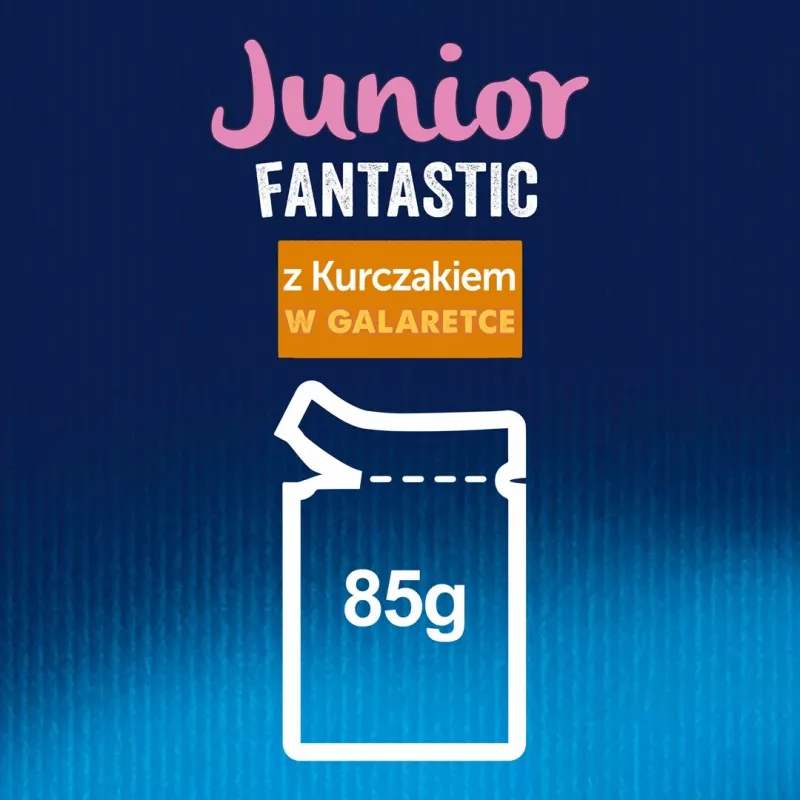 Šlapias kačių maistas Purina Nestlé Felix Fantastic Junior 85 g pakelyje — vištiena, 77,5 % drėgmės, 13,5 % baltymų