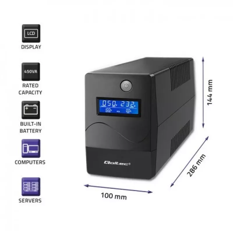 Qoltec Monolith nepertraukiamo maitinimo šaltinis (UPS) Dvigubo keitimo (Online) 1 kVA 600 W 2 SCHUKO lizdai