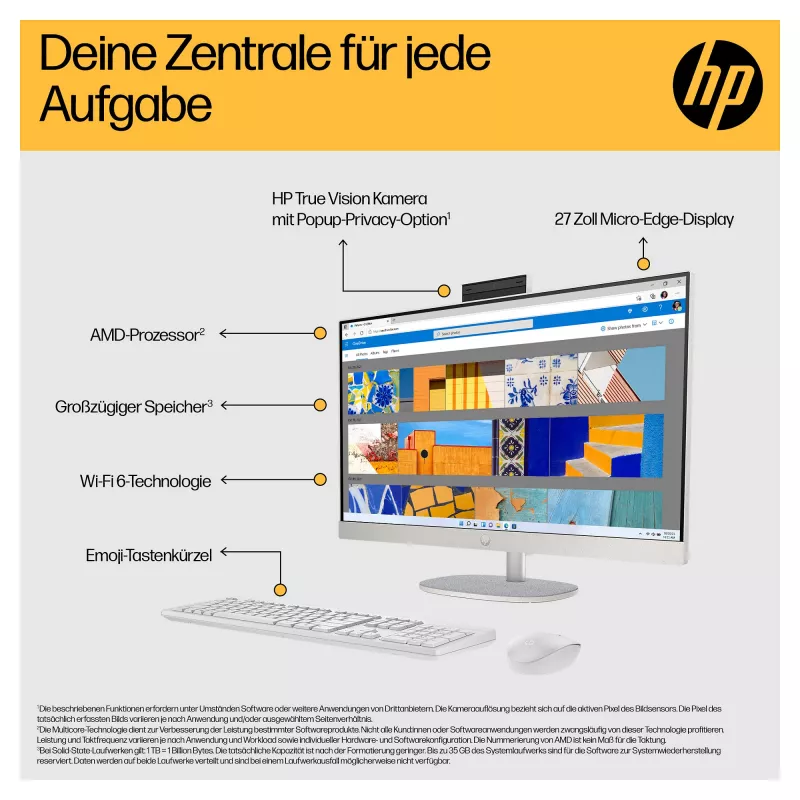 HP 27-cr0471ng - Viskas viename (Pilnas sprendimas) - Ryzen 7 7730U - RAM 16 GB - SSD 512 GB - NVMe - Radeon Graphics - 1GbE, Wi-Fi 6, Bluetooth - WLAN: 802.11a/b/g/n/ac/ax, Bluetooth