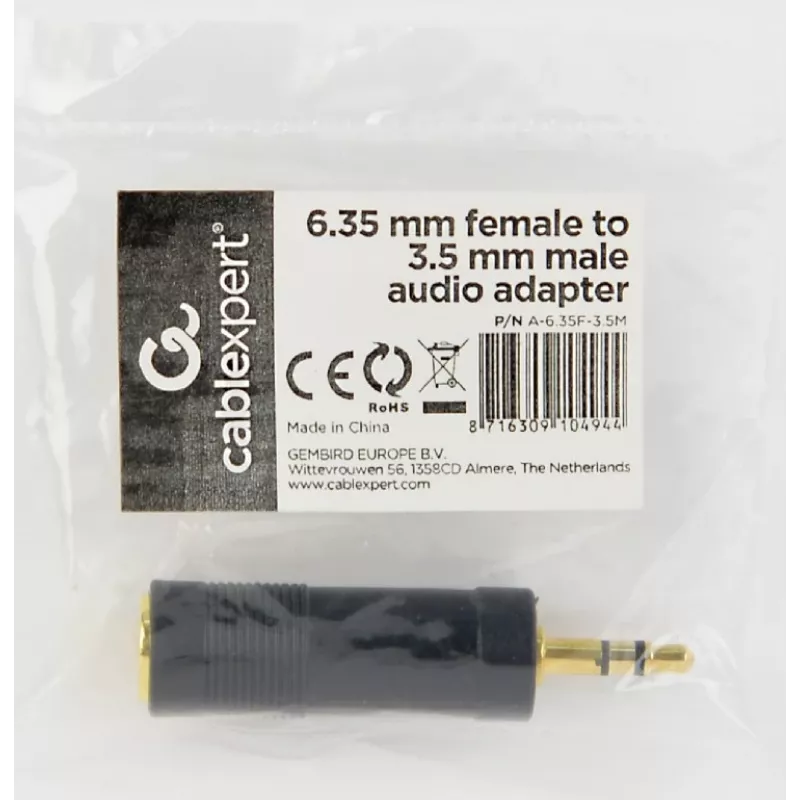 Cablexpert 6,35 mm lizdinė jungtis į 3,5 mm kištukinį garso adapterį | A-6.35F-3.5M