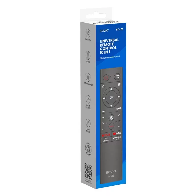 SAVIO TV nuotolinio valdymo pultas RC-22 — IR belaidis universalus, 20 mygtukų, 10 m veikimo nuotolis, USB‑C, juodas