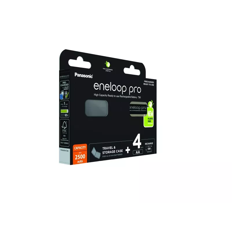 Įkraunamos baterijos PANASONIC ENELOOP PRO AA 2500 mAh 4 vnt. + dėklas (BK-3HCDE/4CP+CASE)