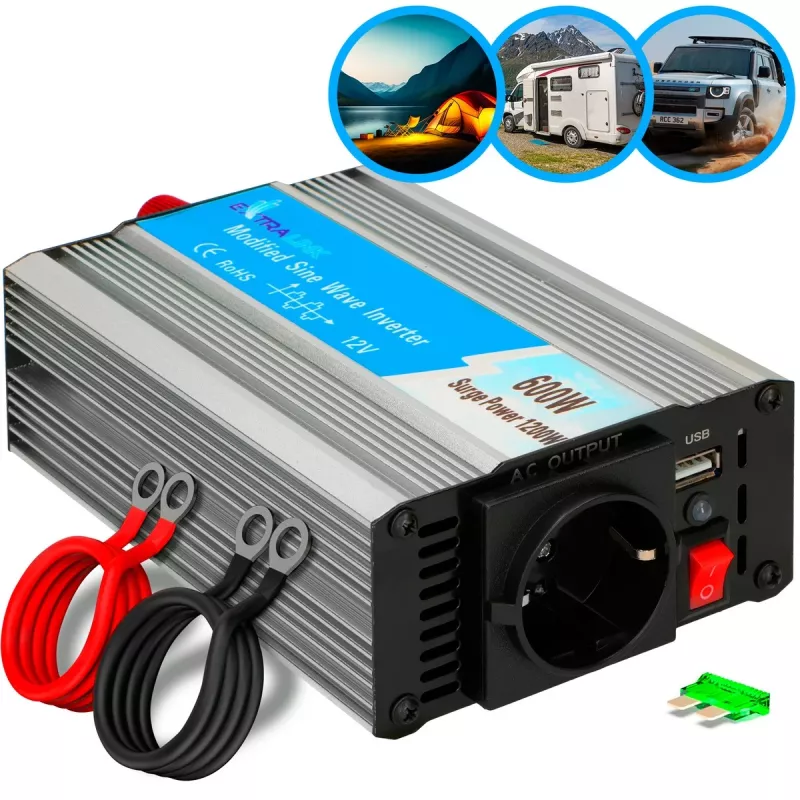 Extralink OPIM-600W įtampos keitiklis, automobilinis 12V, 600W modifikuota sinusinė banga