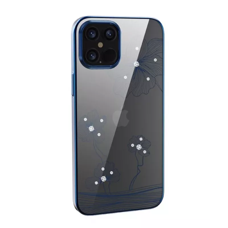 Apsauginis telefono dėklas Devia Crystal Flora, skirtas iPhone 12 / 12 Pro — mėlynas permatomas su gėlių raštu