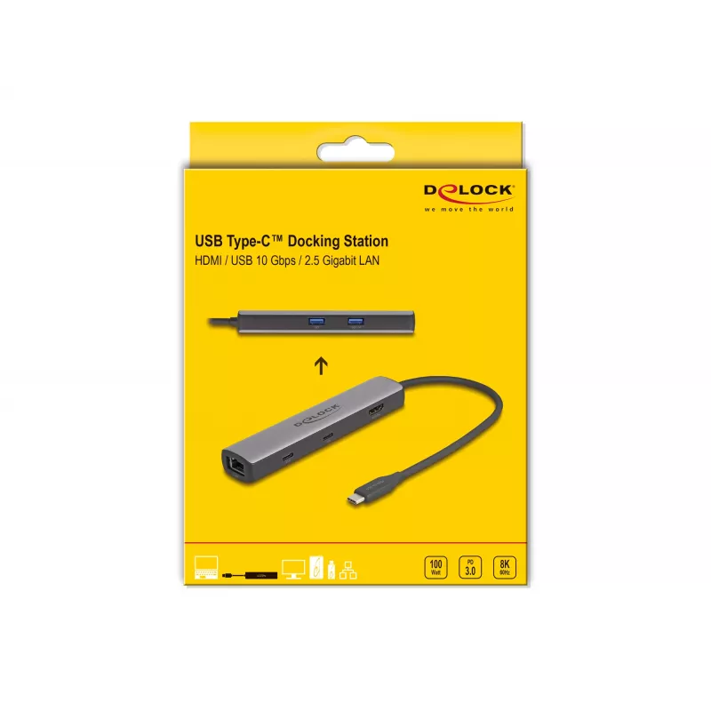 DeLOCK USB Type-C Doko stotelė 8K HDMI USB 10 Gbps 2.5 Gigabit LAN PD 100W