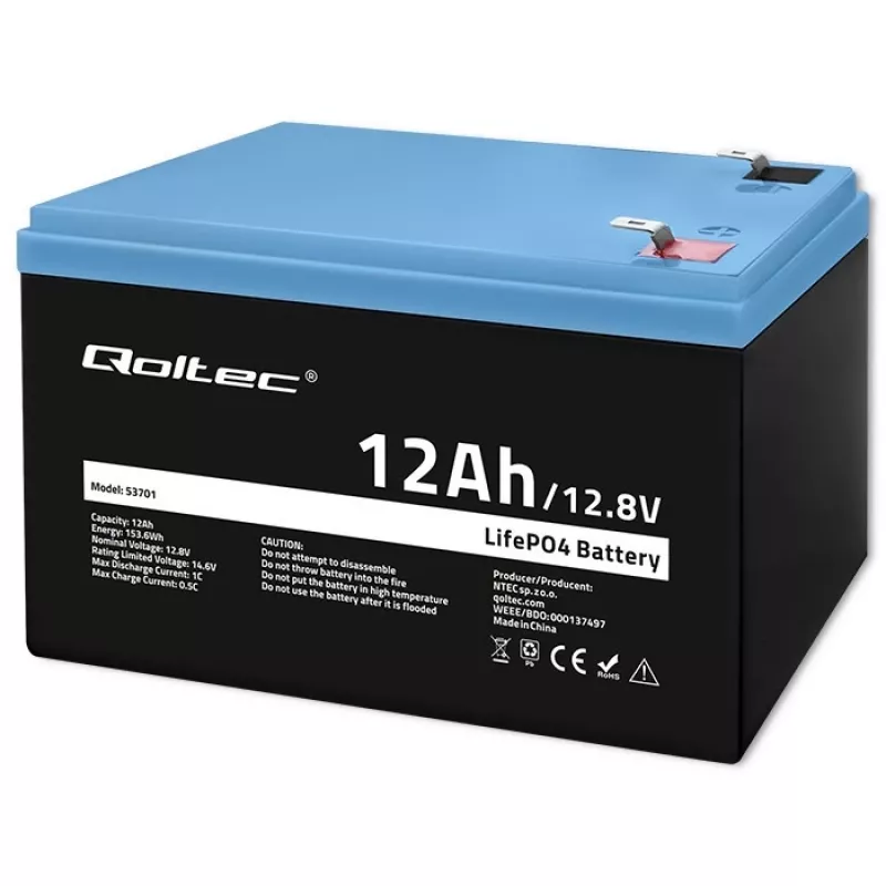 Qoltec LiFePO4 ličio geležies fosfato baterija 12,8 V 12 Ah 153,6 Wh su BMS