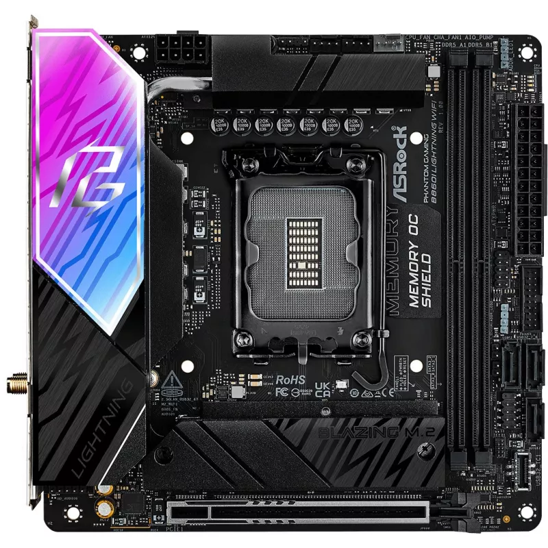 Pagrindinė plokštė ASROCK B860I Lightning WiFi — Intel B860, LGA 1851, Mini-ITX, DDR5, 2x DIMM, 4x M.2, 2.5Gb LAN, Wi‑Fi 6E, Bluetooth 5.3