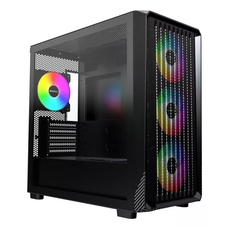 Montech X5M (B) Micro Tower PC korpusas — Micro‑ATX/Mini‑ITX, 3x120mm priekyje, 1x120mm gale, palaiko ATX PSU, 2x3.5 colio + 4x2.5 colio, juoda