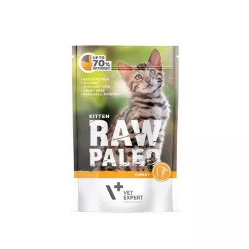 Šlapias kačiukų maistas VETEXPERT RAW PALEO Kitten Turkey 100 g — monoproteininis, 79 % drėgmės, 10,3 % baltymų