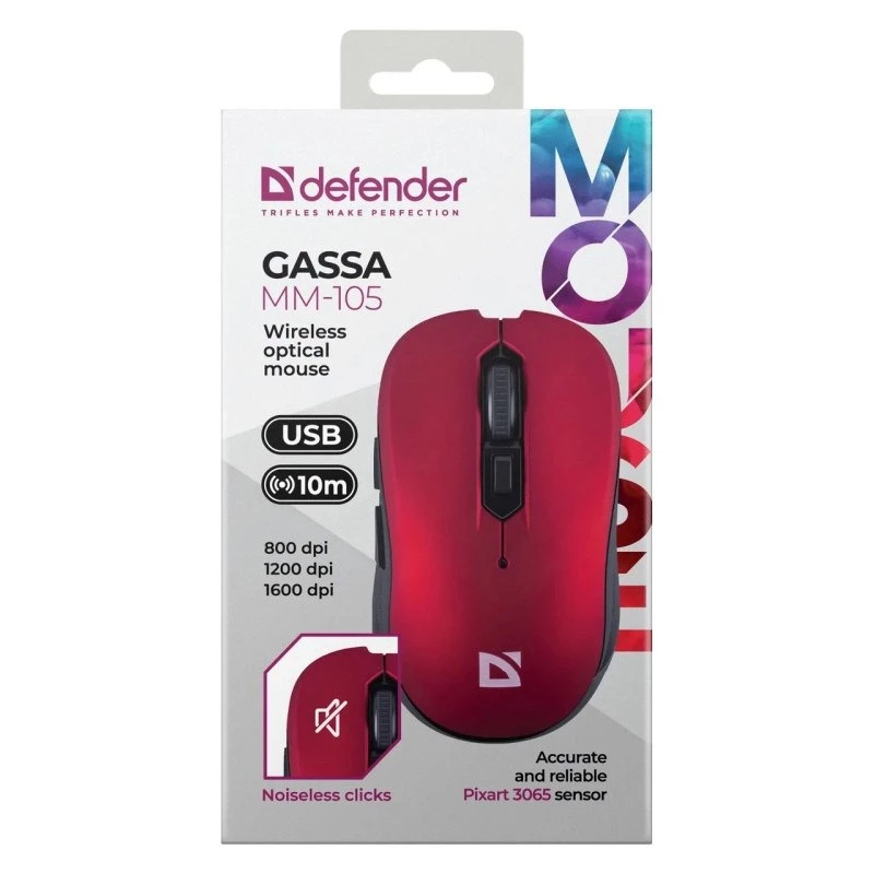 Belaidė RF tylioji pelė DEFENDER Gassa MM-105 — abiem rankoms tinkama, 1600 DPI, 2,4 GHz, nano USB imtuvas