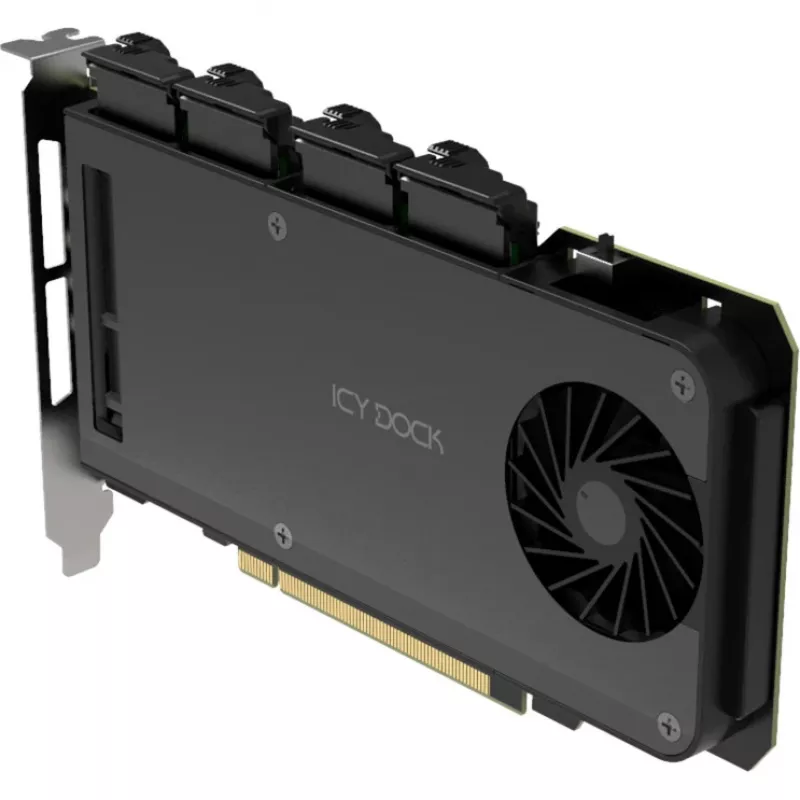 Mobilaus stovo adapterio kortelė icy dock MB204MP-1B — 4 × M.2 NVMe SSD karšto keitimo mobilus stovas