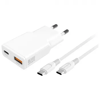 AC įkroviklis mobiliesiems įrenginiams 4smarts 541509 — 100–240V, USB-A + USB-C, 1,5 m laidas, greitas įkrovimas, baltas